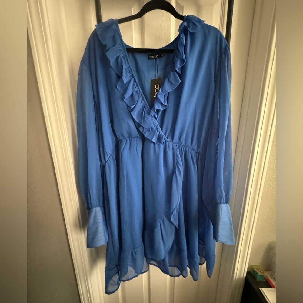 Boohoo Blue Long Sleeve Sheer Mesh Dress size 22